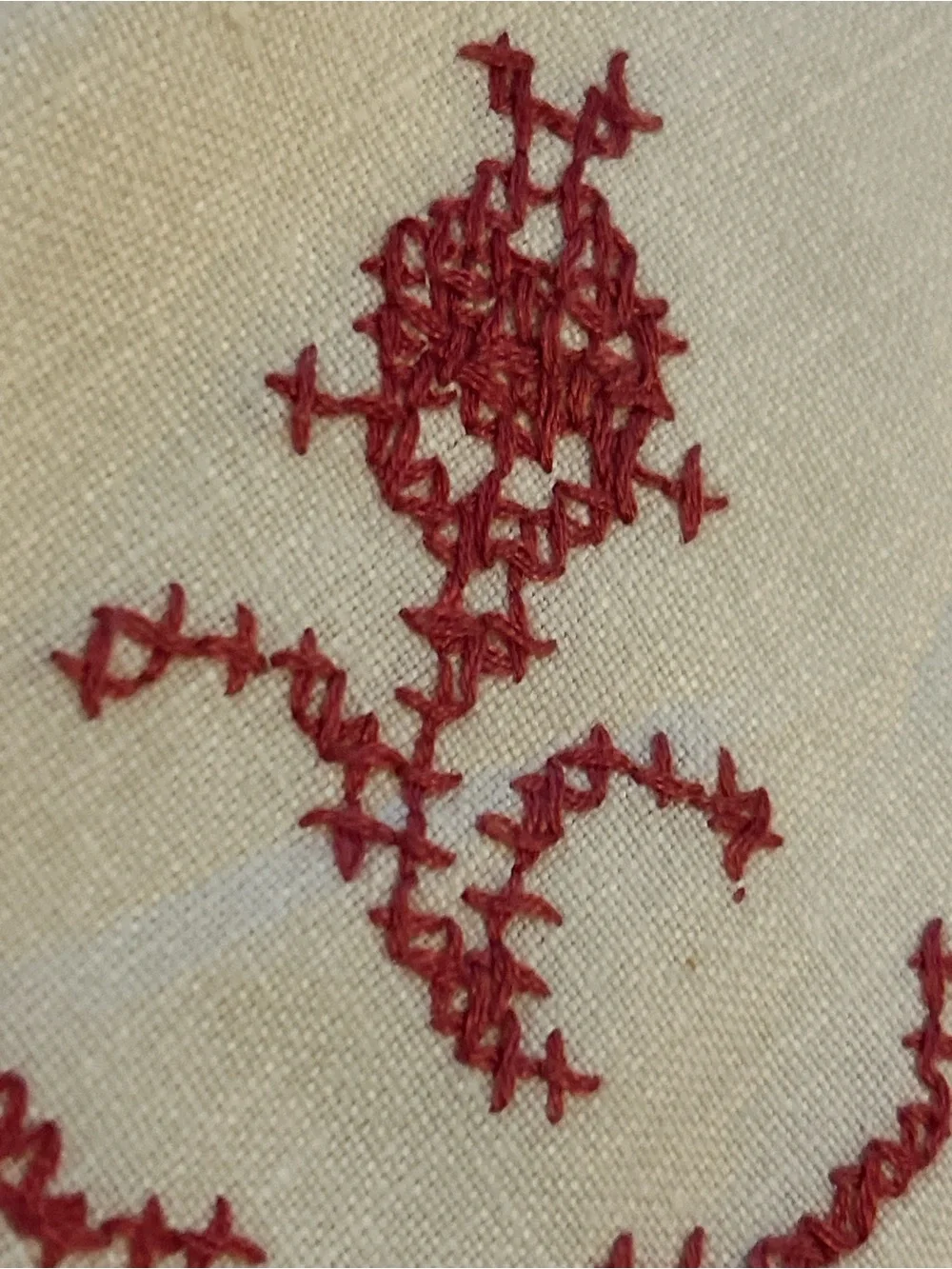 Vintage Embroidered Linen Napkin hankie doilie in Cream cross stitch Red Motif